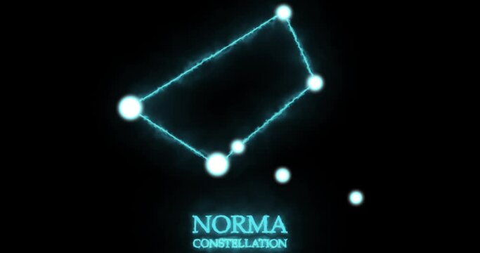 Norma constellation. Light rays, laser light shining blue color. Stars in the night sky. Cluster of stars and galaxies. Horizontal composition, 4k video quality