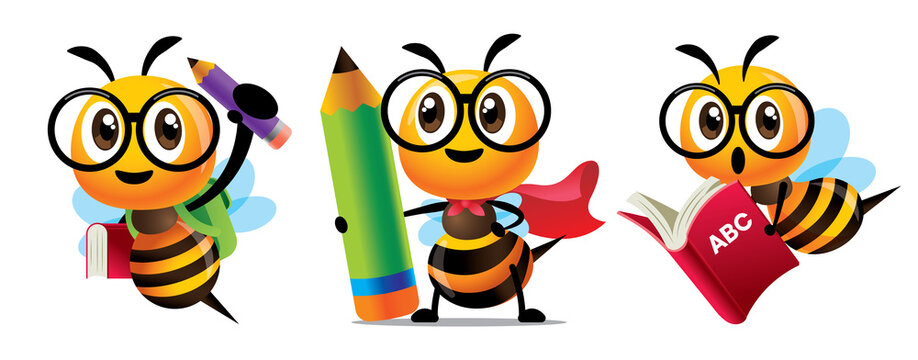 Bee Back to school set. Cartoon cute bee education character set. Cartoon cute bees holding a huge learning book and big pencils. Superhero Bee wear cloak back to school - Vector mascot set