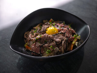 Japanese Menu - Gyudon in the bowl with eggyolk