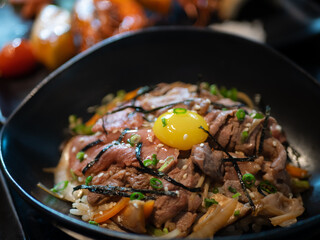 Japanese Menu - Gyudon in the bowl with eggyolk