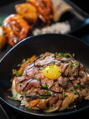 Japanese Menu - Gyudon in the bowl with eggyolk