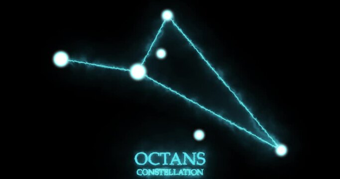 Octans constellation. Light rays, laser light shining blue color. Stars in the night sky. Cluster of stars and galaxies. Horizontal composition, 4k video quality