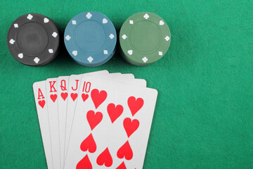 Casino chips winning royal flush combination, top view, copy space. - obrazy, fototapety, plakaty
