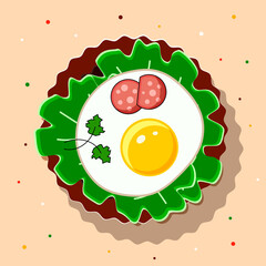Fried Eggs With Salad Leaves, Salami And Vegetables On A Plate. View from above. Omelet From Eggs. Delicious And Healthy Protein Breakfast.