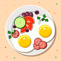 Fried Eggs With Salad Leaves, Salami And Vegetables On A Plate. View from above. Omelet From Eggs. Delicious And Healthy Protein Breakfast.