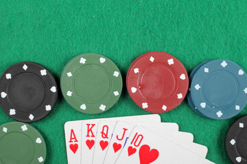 Casino chips winning royal flush combination, top view, Copy space. - obrazy, fototapety, plakaty