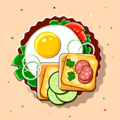 Fried Eggs With Salad Leaves, Salami And Vegetables On A Plate. View from above. Omelet From Eggs. Delicious And Healthy Protein Breakfast.