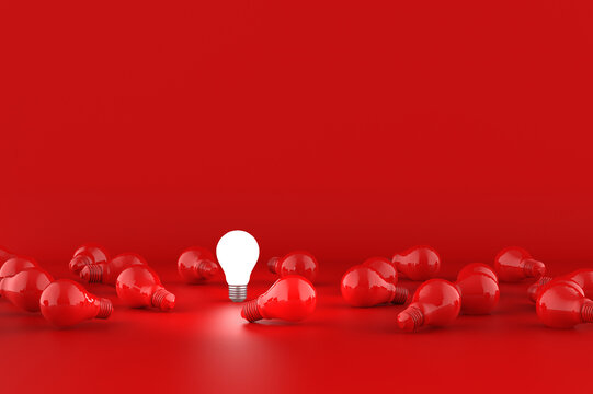Light bulbs on red background. Idea concept. 3D Illustration.