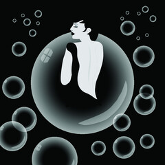 Floating bubbles and a woman emerging from a bubble are featured.