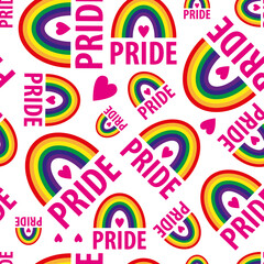 A vector seamless pattern of the words pride. Pride lesbian, gay, bisexual transgender, heart, rainbow on a white background. Symbol of the LGBT community. For fabric, wallpaper, wrapping, websites.