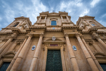 Facade of Roman Catholic cathedral in old part of Noto city, Sicily in Italy