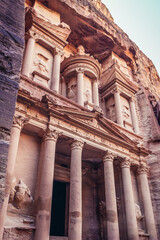 Facade of Al Khazneh - The Treasury, one of main landmarks of Petra historic and archaeological city, Jordan
