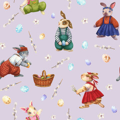 Watercolor bunny seamless pattern. Spring animal background. Rabbits in clothes