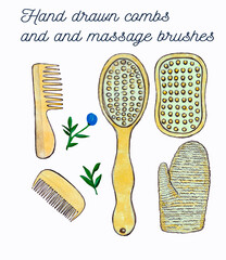 Watercolor combs and massage brushes set, hand drawn bathroom objects clip art