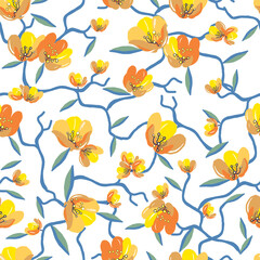 Small flowers seamless pattern. Drawn vintage floral branches, bouquets on white background. Vector illustration
