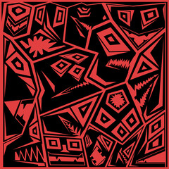 A set of black angular silhouettes of monsters on a red background, an illustration for wallpaper on the wall and other purposes.