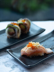 Japanese Menu - Salmon Nigiri on the Japanese style plate