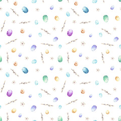 Colorful eggs, pussy willow seamless pattern Watercolor Easter background