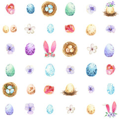 Watercolor Easter seamless pattern. Spring eggs bunny ears bird nest