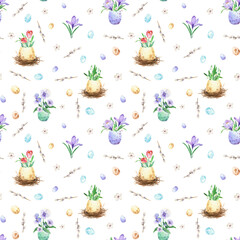 Egg in nest with spring flower. Watercolor Easter seamless pattern