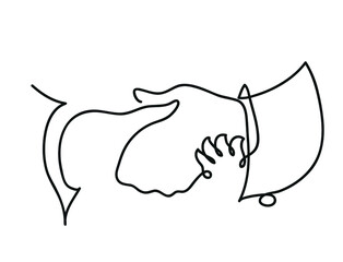 One line drawing of businessmen shaking hands.
One continuous line drawing of deal business concept.