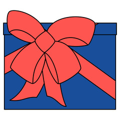 Big red bow on a blue box side. Gift Packaging for Surprise Birthday, Christmas. Icon for web, isolated vector, flat style with stroke.