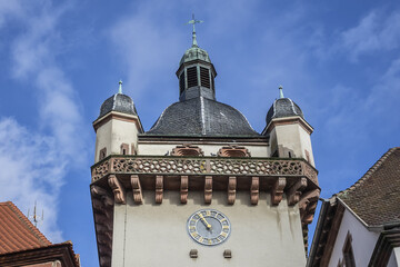 Selestat cityscape with Horloge tower (Tour de l'Horloge, Tour Neuve, Tour des Chevaliers) - Tower was erected in year 1280 and originally formed one of the four city gates. Selestat, Alsace, France.