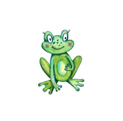 Watercolor frog sitting isolated on a white background. Cute cartoon character. Baby shower. Hand-drawn illustration.