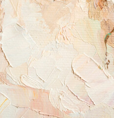 Embossed pasty oil paints and reliefs. Primary colors: ocher, brown, white.  Abstract art.