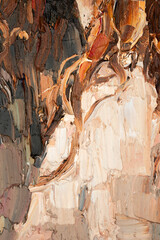 Embossed pasty oil paints and reliefs. Primary colors: ocher, brown, white.  Abstract art.