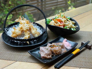 Japanese Menu - Variety of Japanese food - Beef Teriyaki, Fried fish salad and mixed sashimi