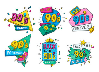 Collection colorful back to 90s logo vector flat illustration in pop art style ninety years emblem - obrazy, fototapety, plakaty