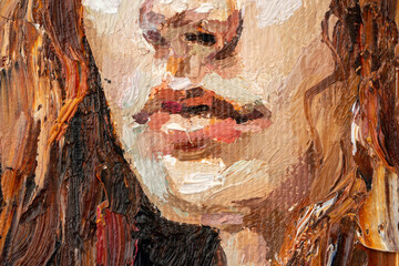 Art painting. Fragment of portrait of a girl with brown hair is made in a classic style. .