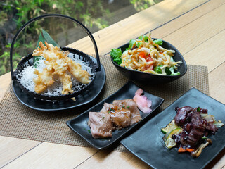 Japanese Menu - Variety of Japanese food - Beef Teriyaki, Fried fish salad and mixed sashimi