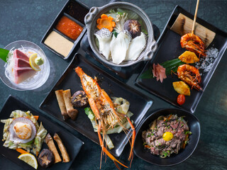 Japanese Menu - Variety of Japanese food - Fish hotpot, Grilled River prawn, Seafood Teppanyaki, Gyudon, Shrimp Skewer and Suzuki Sashimi