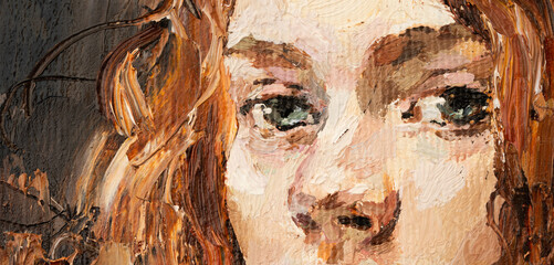 Art painting. Fragment of portrait of a girl with brown hair is made in a classic style. .