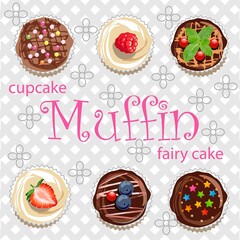 Muffins of different types on a background of gray cells and flowers
