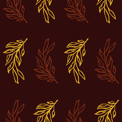Vector seamless pattern of wild twigs and leaves. Botanical background on a brown background. Great for printing on fabric and paper.