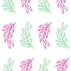 Fototapeta na wymiar Vector seamless pattern of wild pink and blue twigs and leaves. Botanical background on white. Great for printing on fabric and paper.