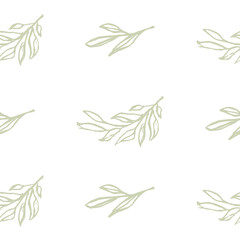 Vector seamless pattern of wild grey twigs and leaves. Botanical background on white. Great for printing on fabric and paper.