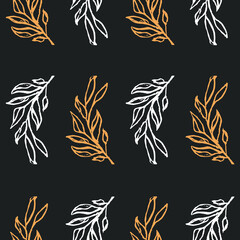 Vector seamless pattern of wild twigs and leaves. Botanical background on a dark gray background. Great for printing on fabric and paper.