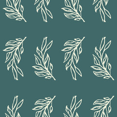 Fototapeta premium Vector seamless pattern of wild twigs and leaves. Botanical background on a blue background. Great for printing on fabric and paper.