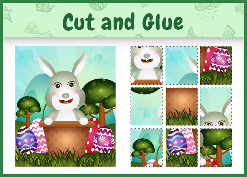 Children board game cut and glue themed easter with a cute rabbit in the bucket egg