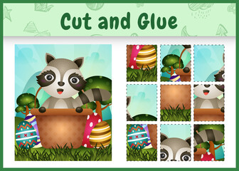 Children board game cut and glue themed easter with a cute raccoon in the bucket egg