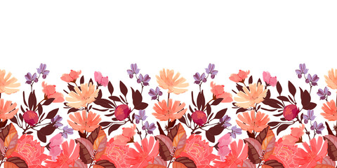 Vector floral seamless pattern, border. Chicory, peony flowers, buds. Red, violet, coral color flowers, brown leaves isolated on a white background.