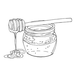 Black and white illustration of cartoon pot of honey with dipper