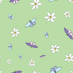 Vector green background white flowers seamless pattern. Lilies, butteflies. Seamless pattern background