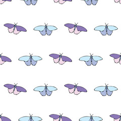 Vector white background white flowers seamless pattern. blue purple pink butteflies. Seamless pattern background