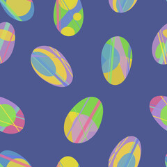 Seamless pattern of multicolored oval shapes on a lavender background.