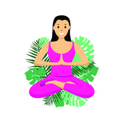 Girl doing yoga on tropical leaves, vector illustration